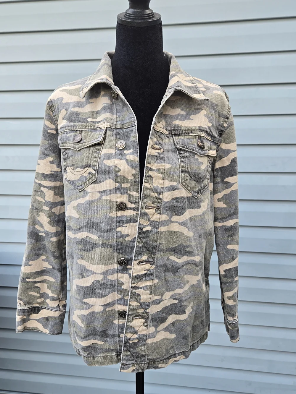 True Religion Womens Camo Trucker Jacket Medium Cotton Linen Blend Military